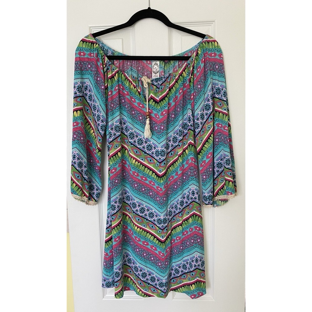 2B Together Boho Chevron Dress Medium Multi-Color Off-Shoulder Tunic Lace Trim-M